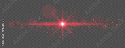 Light flare with horizontal glow rays and soft bokeh sparkles on transparent background. Elegant vector effect for festive, cinematic, or digital design.