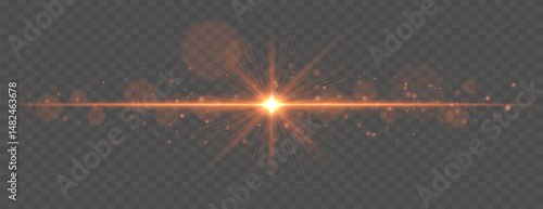 Light flare with horizontal glow rays and soft bokeh sparkles on transparent background. Elegant vector effect for festive, cinematic, or digital design.