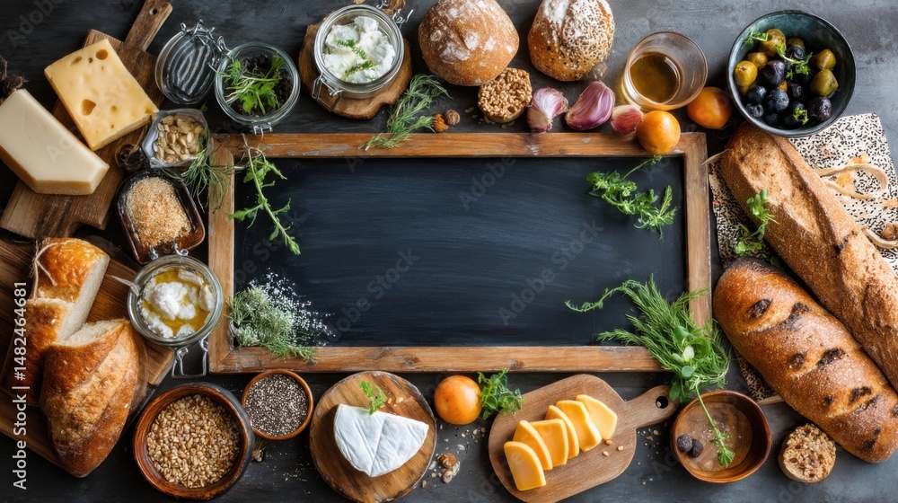 Rustic Food Photography: Bread Cheese Olives and Herbs on Dark Background Rustic Food Photography: Bread Cheese Olives and Herbs on Dark Background