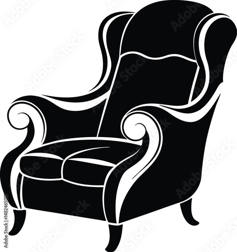 Recliner chair silhouette, Silhouette of a recliner chair with an extended footrest and shown in side view vector art illustration