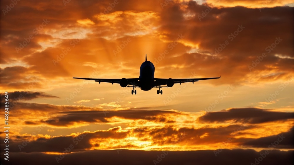 Silhouette of an airplane flying against a vibrant sunset backdrop with dramatic clouds and rays of light. Silhouette of an airplane flying against a vibrant sunset backdrop with dramatic clouds and rays of light.