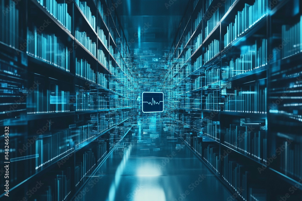 Obraz premium Digital library bookshelves data science heartbeat medical records