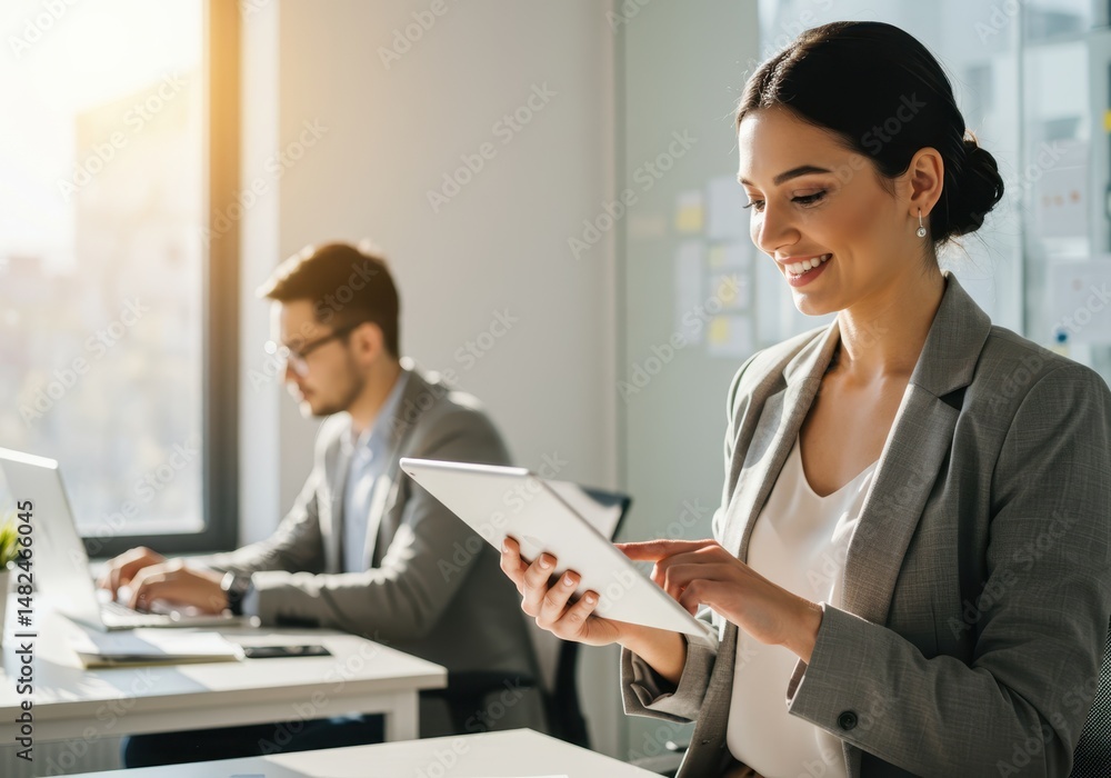 Smiling woman using tablet in bright office with colleague working on laptop in background Smiling woman using tablet in bright office with colleague working on laptop in background