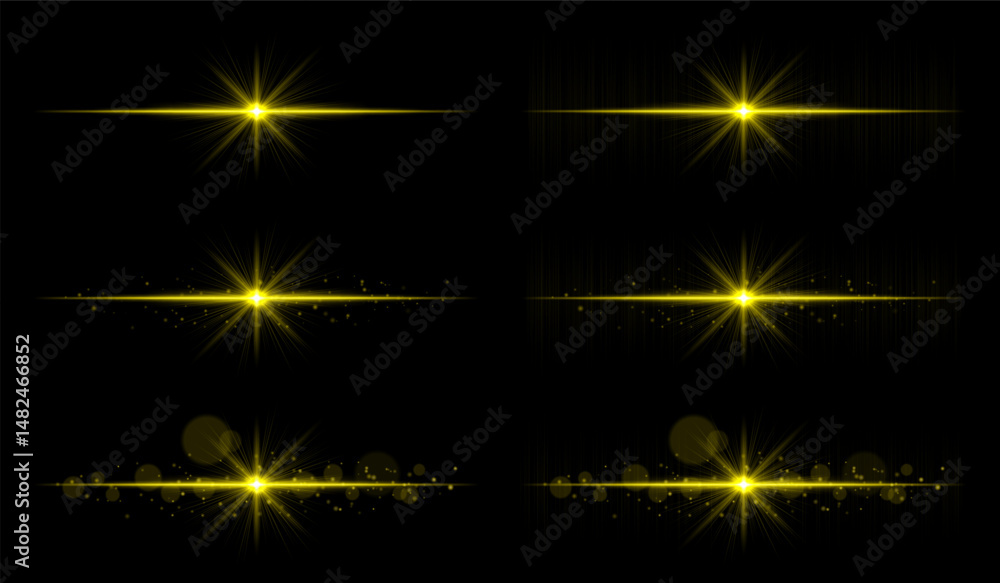 Light burst set. Golden glowing rays with sharp beams and horizontal flare. Clean composition with strong central point, perfect for energy or magic theme. Light burst set. Golden glowing rays with sharp beams and horizontal flare. Clean composition with strong central point, perfect for energy or magic theme.