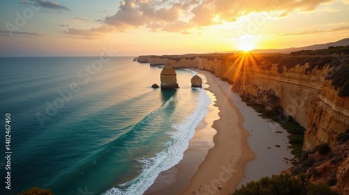 Ses Illetes Beach glows under the rising sun in an aerial view.