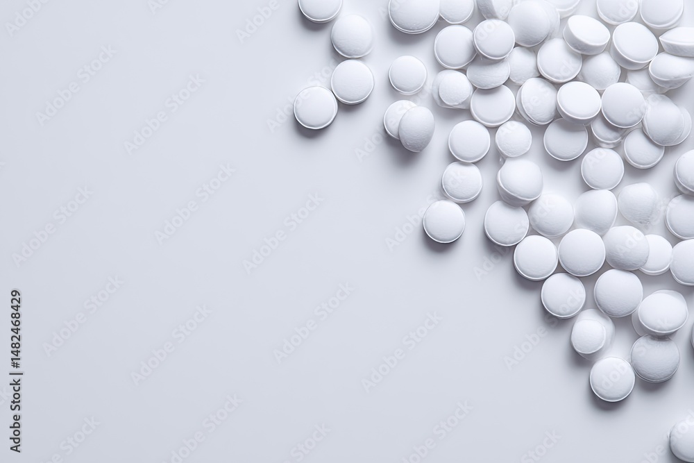 White pills clustered on a light background White pills clustered on a light background