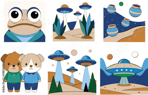Illustrated Cartoon Characters and UFOs in Fantastical Sci-Fi Settings