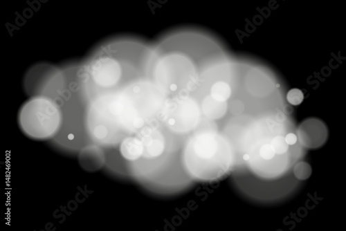 White bokeh cloud with glowing soft circles on black background. Elegant light blur effect for abstract, dreamy, or minimal vector overlays and digital design.