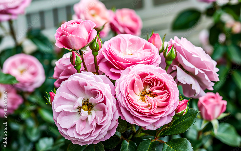 Obraz premium A close up view of a cluster of pink roses in full bloom with green leaves and buds in the background