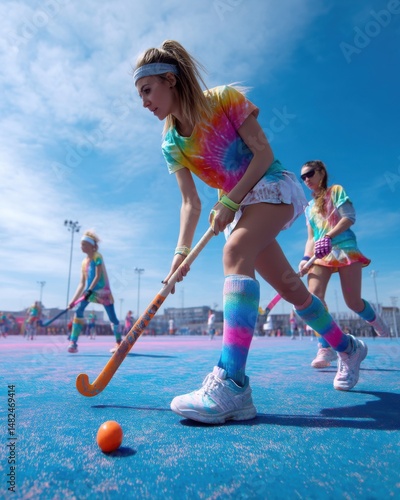 Women Playing Colorful Field Hockey on Vibrant Pink and Blue Court