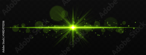 Radiant green burst with glowing star flare and soft bokeh particles on transparent dark background. Perfect for light effects, overlays, and design highlights