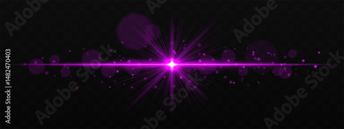 Radiant purple burst with glowing star flare and soft bokeh particles on transparent dark background. Perfect for light effects, overlays, and design highlights