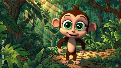 Adorable 3d cartoon monkey standing in lush animated jungle clearing with glowing light rays through tropical trees, cheerful character design for children