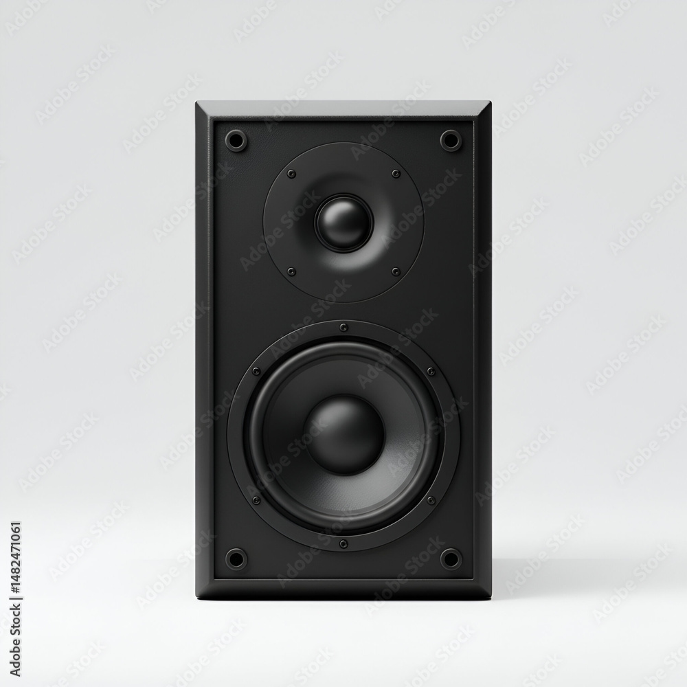 Black audio speaker in a studio setting. Neutral, minimalist design with a clean presentation. Black audio speaker in a studio setting. Neutral, minimalist design with a clean presentation.