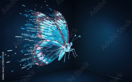 Digital Butterfly Transformation: A stunning, luminescent digital butterfly transforms, its wings intricately crafted from glowing code and data streams against a dark, technological background.