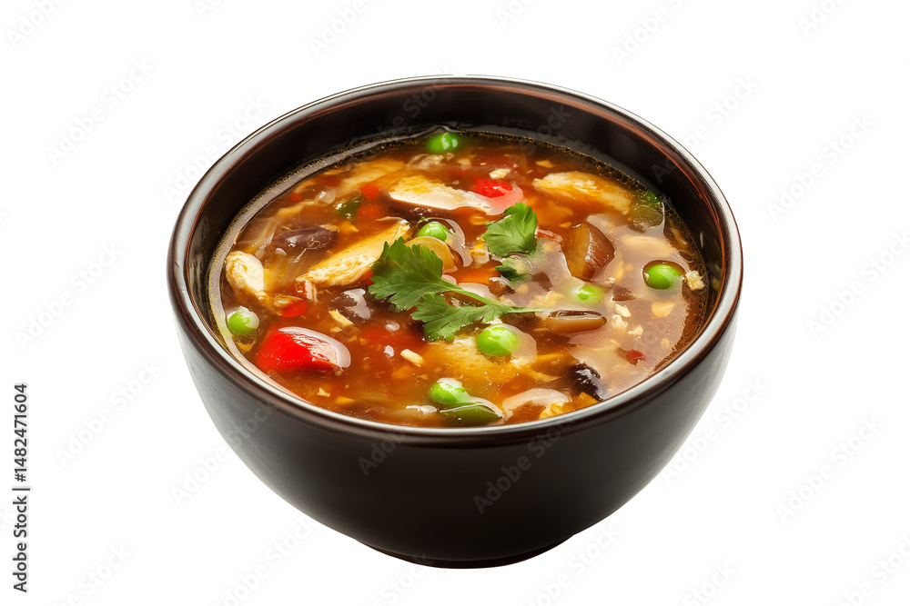 Hot and sour soup with chicken, mushrooms, bell peppers, fresh herbs in white bowl, isolated on white transparent background, concept of Asian cuisine Hot and sour soup with chicken, mushrooms, bell peppers, fresh herbs in white bowl, isolated on white transparent background, concept of Asian cuisine