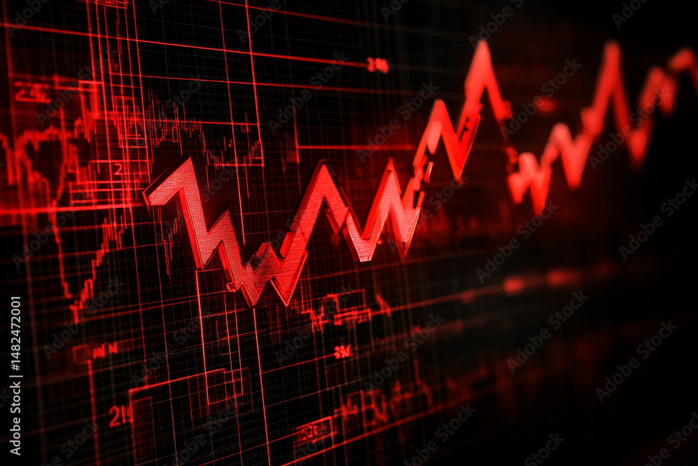 Red stock market graph shows fluctuating prices a volatile market trend Red stock market graph shows fluctuating prices a volatile market trend