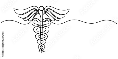 Medical symbol caduceus. Continuous one line art drawing of Vector illustration, Single continuous line drawing caduceus, medical center, pharmacy, hospital with popular symbol of medicine. Medical. 
