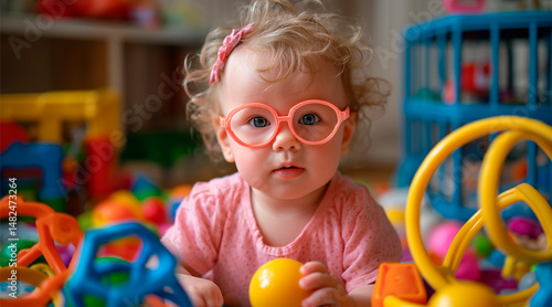 little baby girl weared eyeglasses playing with toys