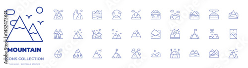 Mountain icons collection. Thin Line icons, editable stroke. mountain, mountains, road trip, lake, rock, north star, fuji, goal