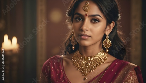 Elegant Indian Woman in Traditional Gold Jewelry with Mystical Astrology Background | AI Generated Ethnic Portrait for Cultural and Editorial Use