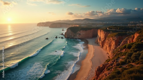 Golden Langre Beach at dawn under clear skies, seen from above with waves gently touching the shore.