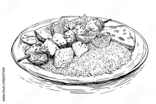 Skewered Delight HandDrawn Chicken Kabobs with Rice and Citrus Plate.