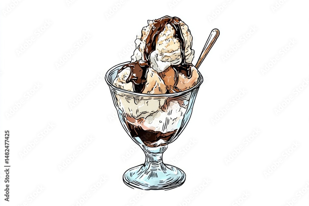Sundae Delight Vanilla Ice Cream with Chocolate Sauce in Glass Sweet Treat. Sundae Delight Vanilla Ice Cream with Chocolate Sauce in Glass Sweet Treat.