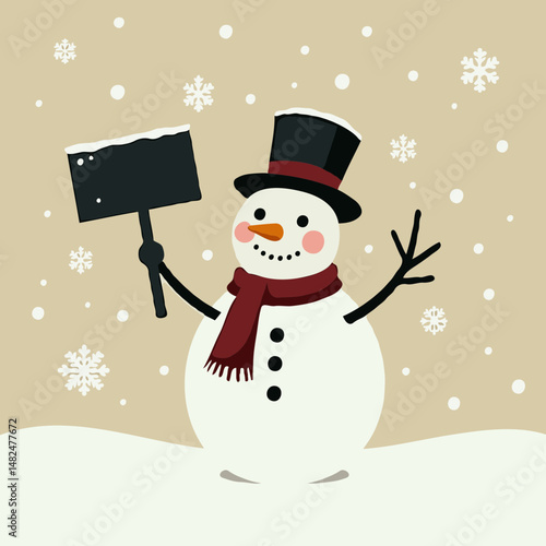 A snowman holds a pointer and waves his hand against the background of a snowy winter landscape