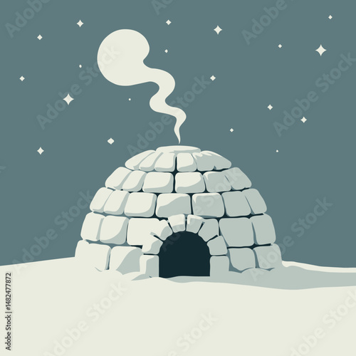 Igloo with smoke rising under a starry night sky in winter  