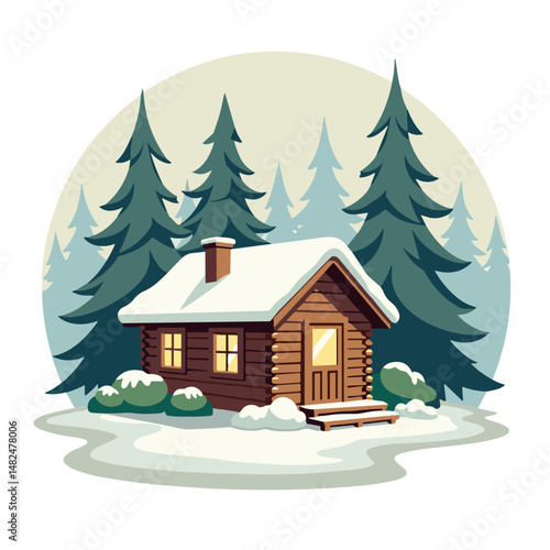 Cozy cabin in snowy forest with tall pine trees  
