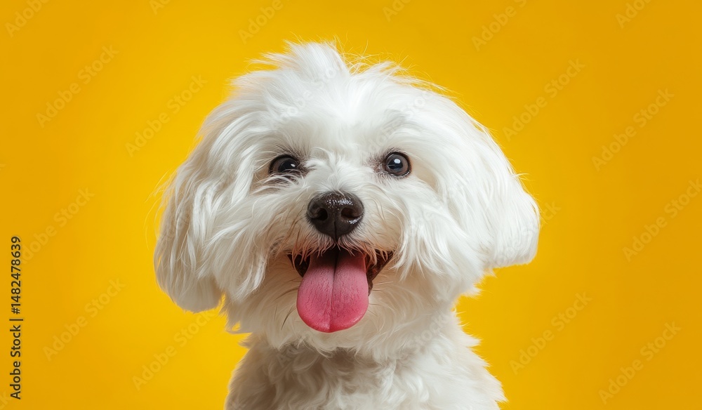 White Fluffy Dog with Pink Tongue on Yellow Background White Fluffy Dog with Pink Tongue on Yellow Background