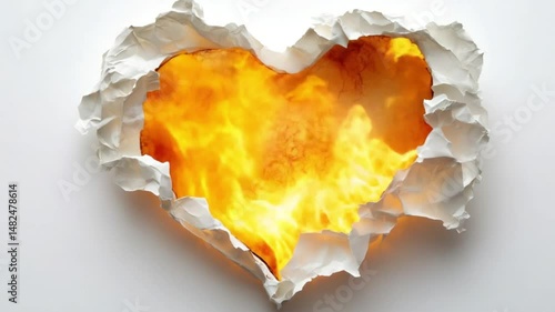 Burning heart shape torn in white paper background