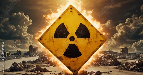 The ominous radioactive warning sign stands out against the backdrop of a devastated landscape.