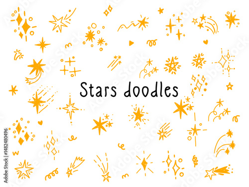 Doodle stars glitter spark freehand hand drawn scrapbook bursting elements. Sketch scribble monochrome simple line stroke brush set