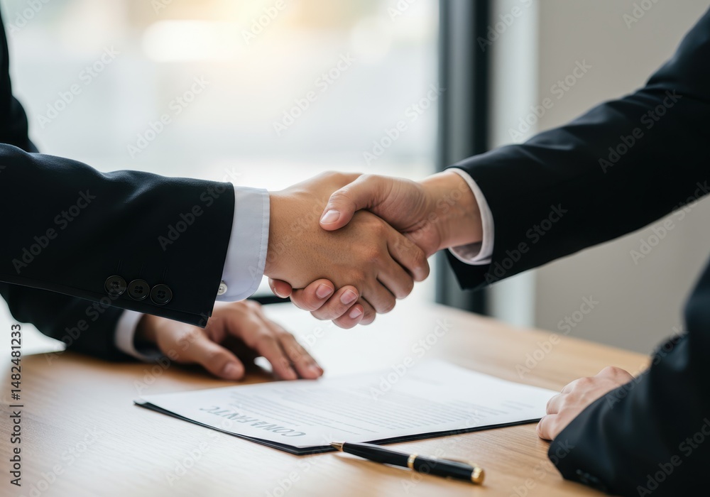 Two businessmen shaking hands over a contract on a wooden desk in an office setting Two businessmen shaking hands over a contract on a wooden desk in an office setting