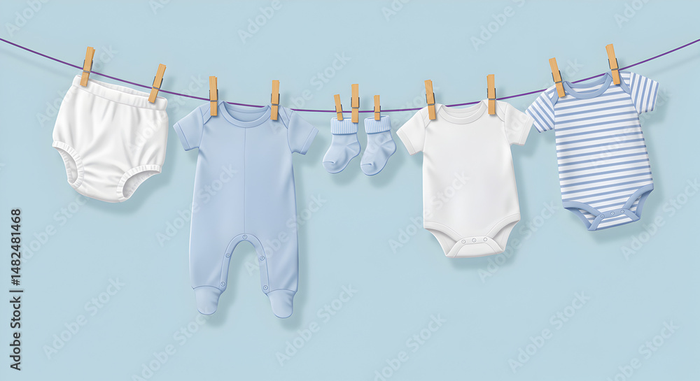 Five Pieces of Baby Clothing on a Clothesline with a Light Blue Background Five Pieces of Baby Clothing on a Clothesline with a Light Blue Background