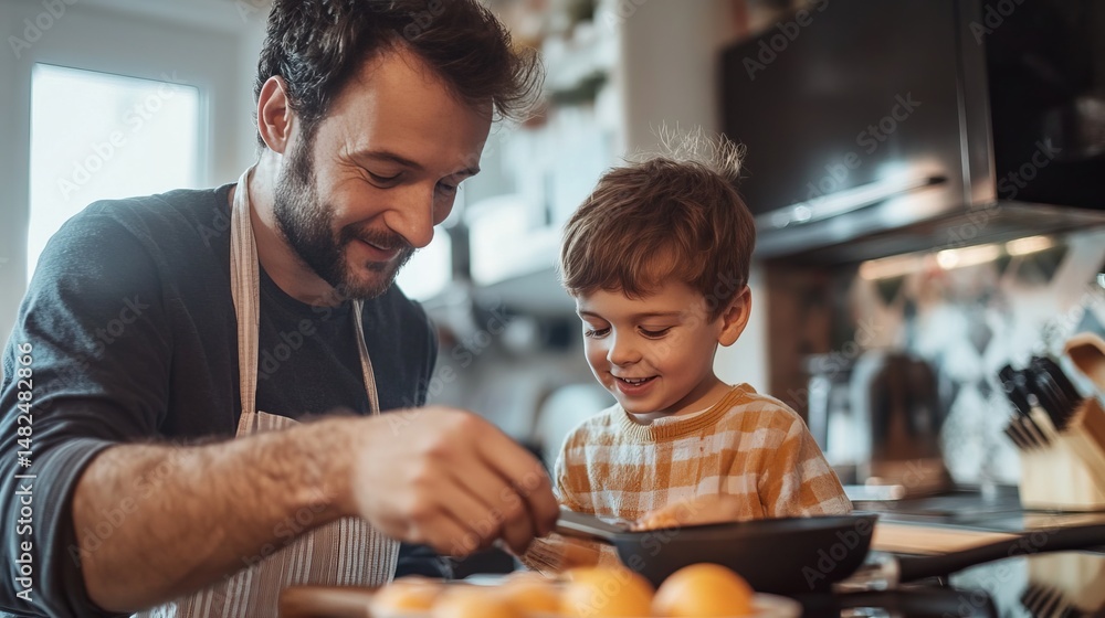 Naklejka premium A dad and son cooking breakfast together in the kitchen, bonding moment