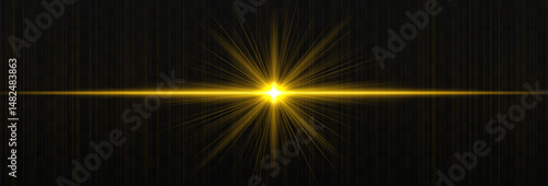 Bright horizontal light flare with glowing rays and subtle streaks on dark background. Clean, minimal vector effect for digital design and highlights.