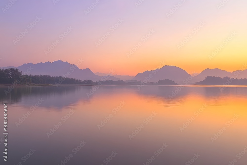 Naklejka premium A serene lake at sunset with mountains in the background