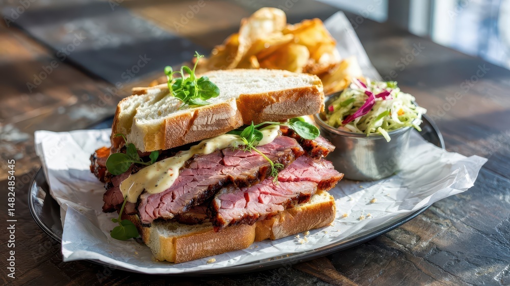 Smoked meat sandwich with thin-sliced brisket between artisanal sourdough bread, topped with aioli and microgreens, served with coleslaw and kettle chips in natural light Smoked meat sandwich with thin-sliced brisket between artisanal sourdough bread, topped with aioli and microgreens, served with coleslaw and kettle chips in natural light