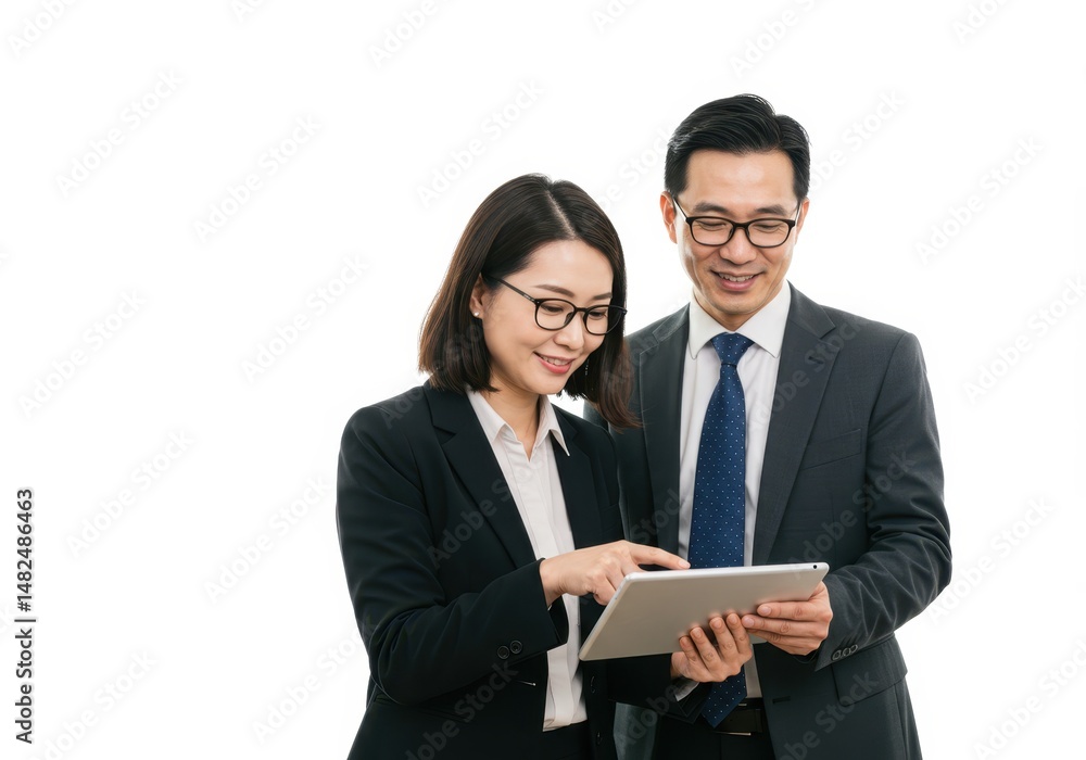 Business colleagues are reviewing data on a tablet in a bright office setting together Business colleagues are reviewing data on a tablet in a bright office setting together