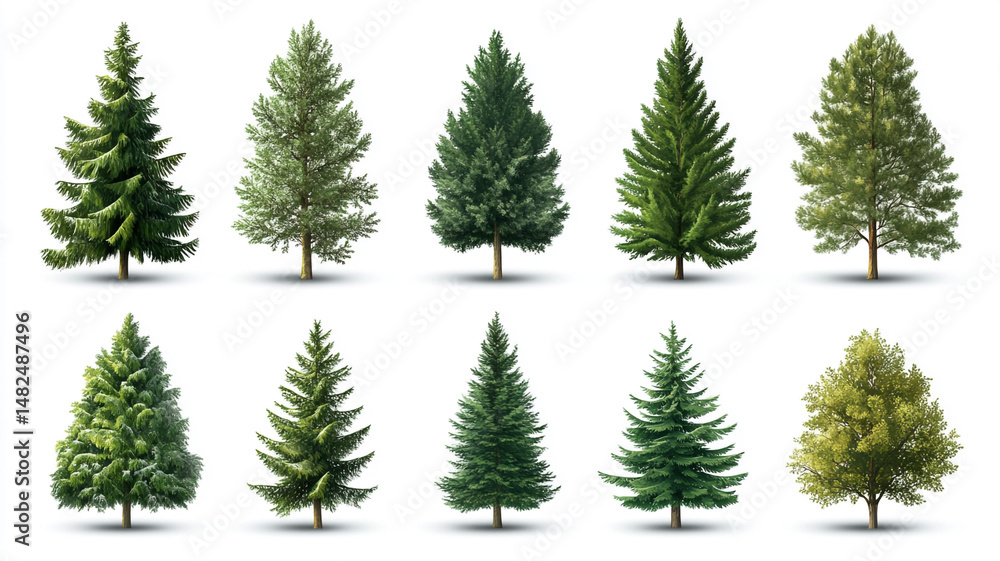 Obraz premium Set of pine trees isolated on white background