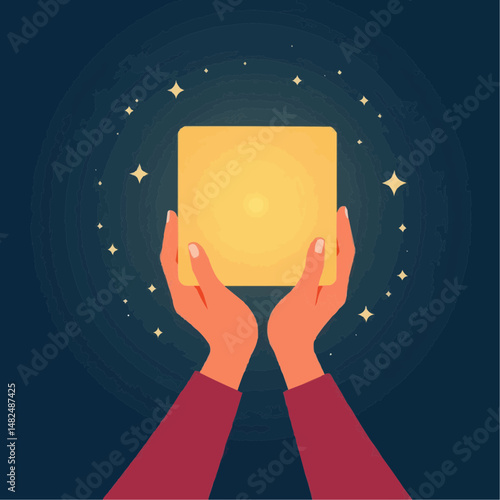 Hands holding a glowing square object with stars on dark background  