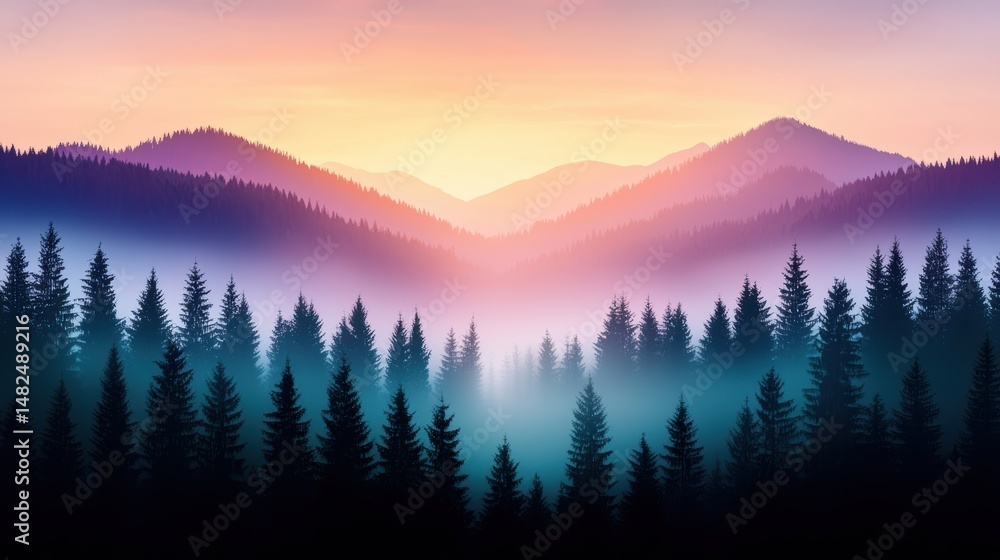 Obraz premium Misty valley between high mountains, lit by the soft glow of sunrise.