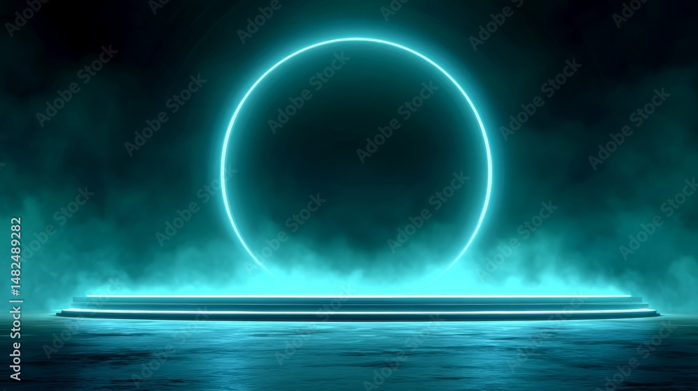 Fototapeta premium Glowing Blue Energy Ring Portal Surrounded by Mist in a Dark Surreal Environment