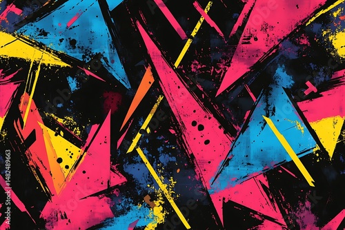 Seamless grunge pattern with neon lines, triangles and chaotic brush strokes