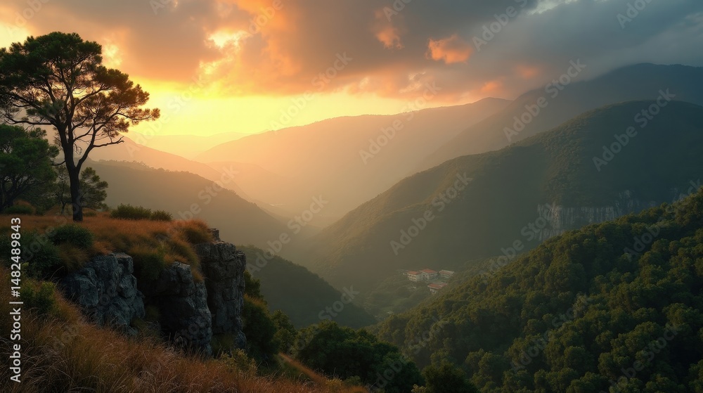 Obraz premium Cloudy dawn in Otzarreta Forest, panoramic view of mossy trees and winding forest paths.