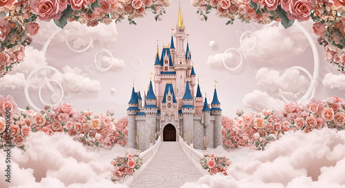 Pink rose-adorned castle scene in a dreamy, ethereal setting. A whimsical fantasy castle in a cloud-filled, rose-laden scene.