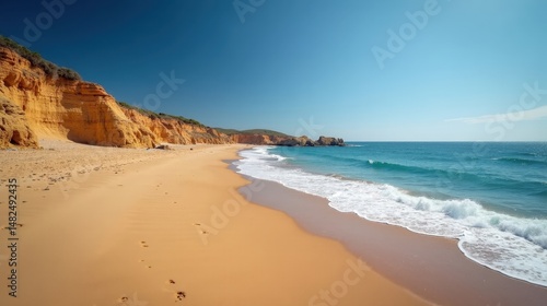 Sunny Rodiles Beach coastline stretches wide under clear skies, viewed in a panoramic scene.